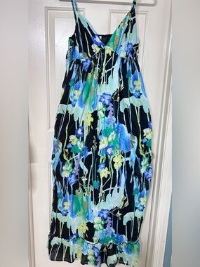 Old Navy Black Maxi Dress with Blue and Green Floral Print